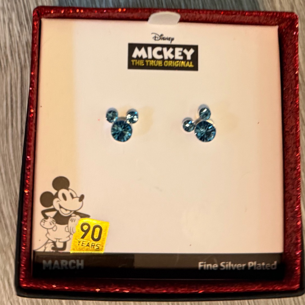 NWTIOB March Birthstone Sparkly Fine Silver Plated Mickey Mouse Earrings